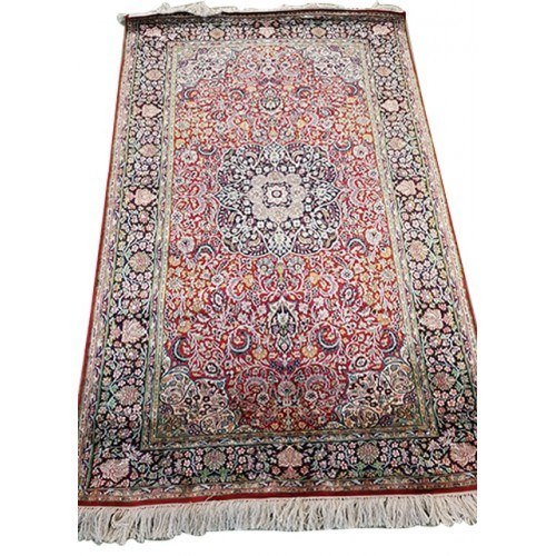 Traditional Handicraft Kashmiri Hand Knotted Embellishing Red, Black & Golden Colour Carpet For Home Décor