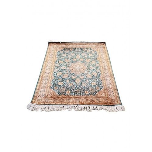 Traditional Handicraft Kashmiri Hand Knotted Beautiful Green & Golden Colour Carpet For Home Décor