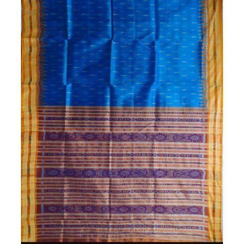 Bright Blue Khandua Silk Saree with Violet Border for Women