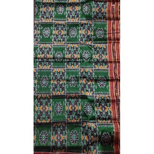 Traditional Khandua Block Pattern Green Silk Saree with Red Border for Women