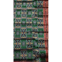 Traditional Khandua Block Pattern Green Silk Saree with Red Border for Women