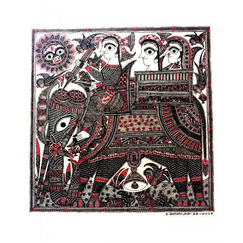 King & Queen Riding An Elephant Madhubani Painting