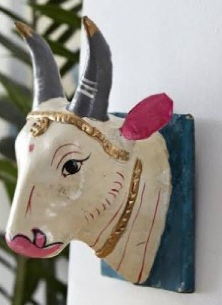 Handicrafted White Wooden Cow Kinhal Toy For Wall Decoration