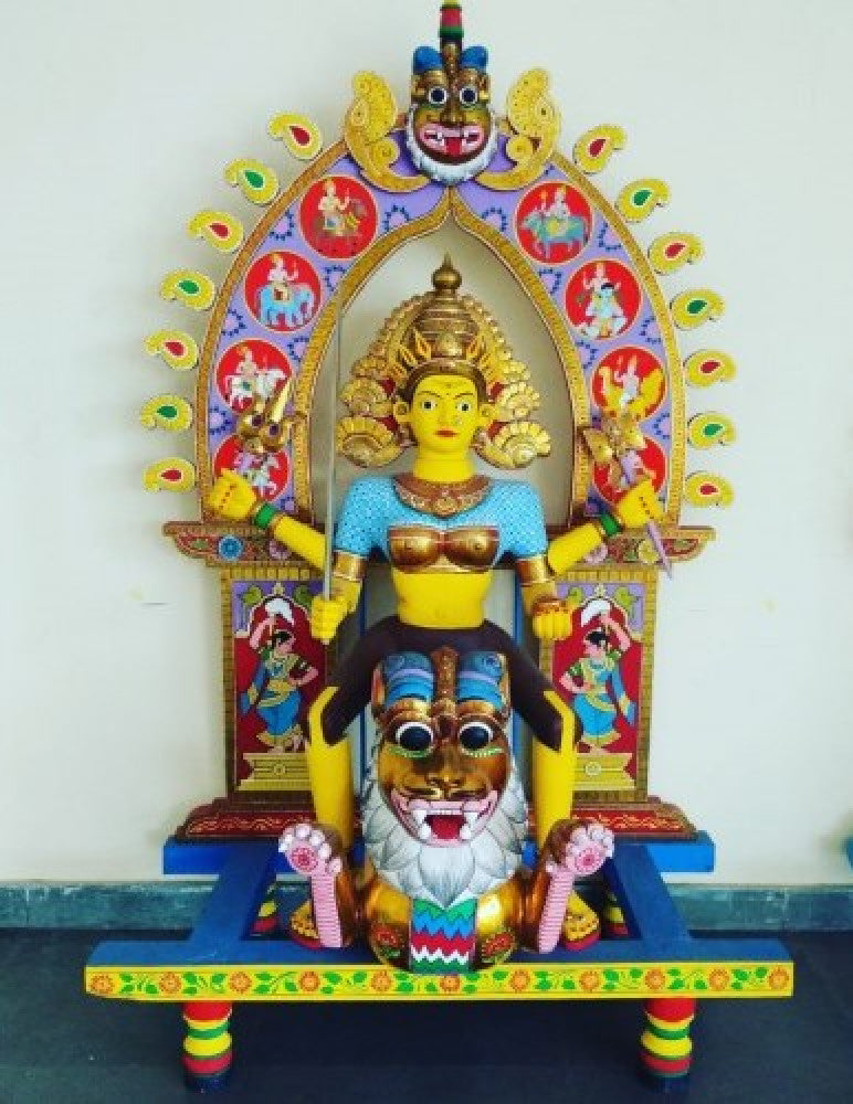 Wooden Handmade Kinhal Art Goddess Durga Statue Of Teak Wood