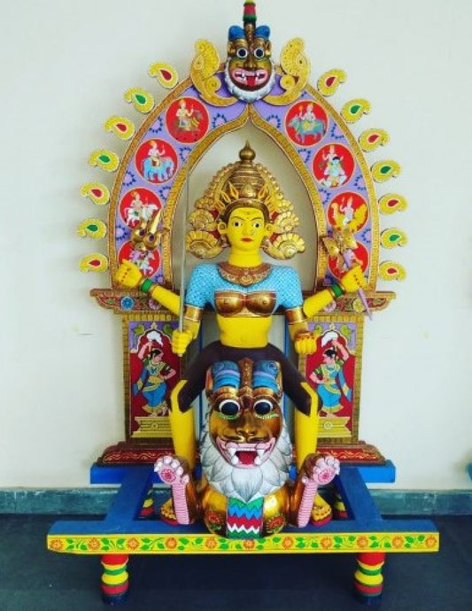 Wooden Handmade Kinhal Art Goddess Durga Statue Of Teak Wood