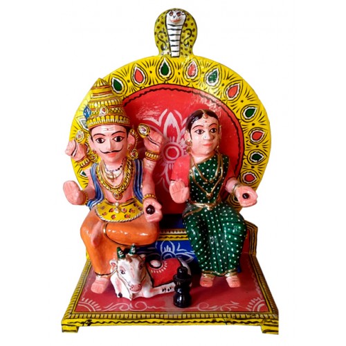 Handcrafted Kinhal Toy Wooden Lord Shiv-Parvati with Nandi