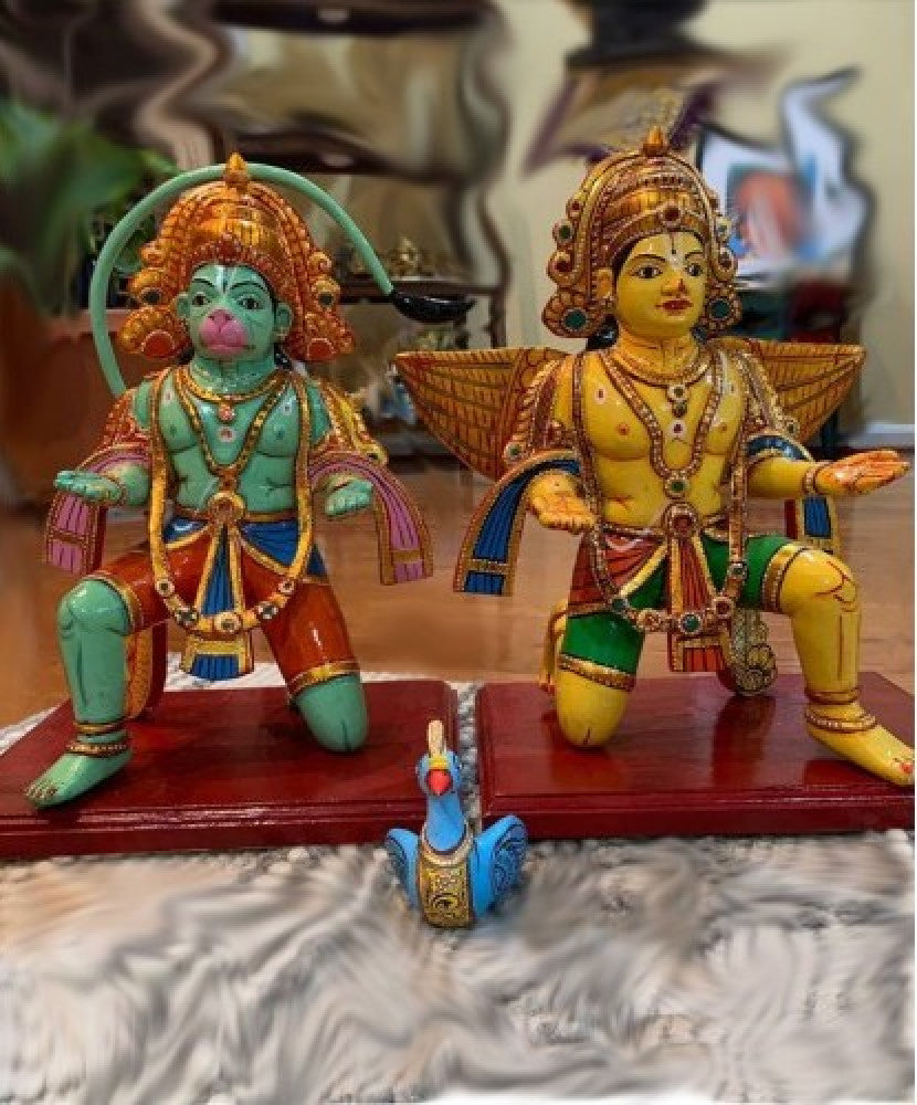 Handcrafted Colorfl Wooden Kinhal Toy Of Lord Hanuman Garuda Idol Set of 2