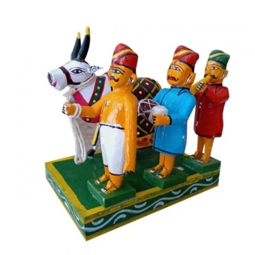 Handmade Kondapalli Bommalu Wooden Toy Of Villagers With Beautiful Cow