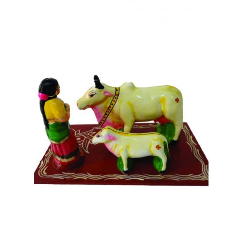 Traditional Handicraft Village Women & Cow with Calf Design Kondapalli Bommallu Toy For Home Decor