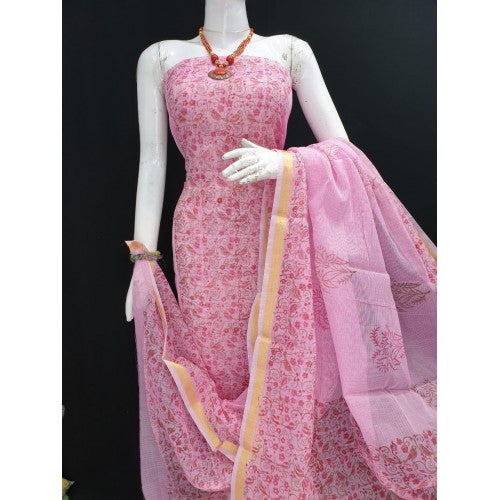 Kota Doria Cotton Beautiful Hand Block Print Pink Suit Dress Material For Women & Girls