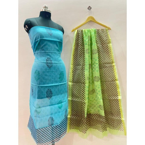 Kota Doria Cotton Unstitched Blue Kurti And Lemon Green Dupatta