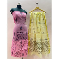 Kota Doria Cotton Unstitched Pink Kurti And Lemon Dupatta