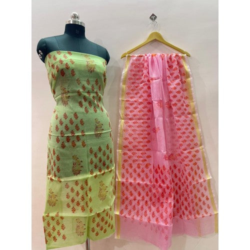 Kota Doria Cotton Unstitched Lemon Green Kurti And Pink Dupatta