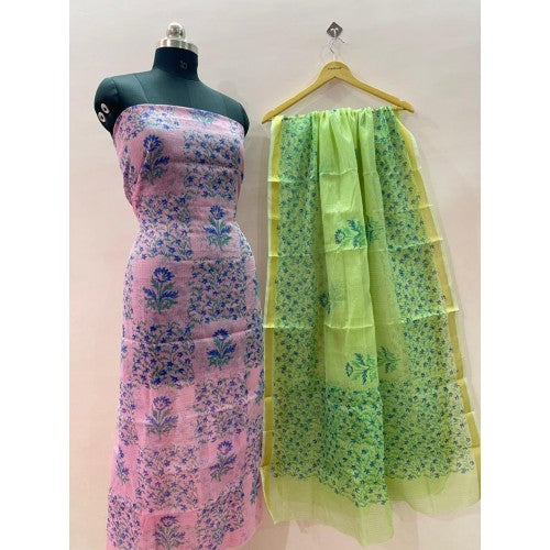 Kota Doria Cotton Unstitched Pink Kurti And Lemon Green Dupatta