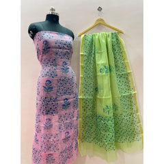 Kota Doria Cotton Unstitched Pink Kurti And Lemon Green Dupatta