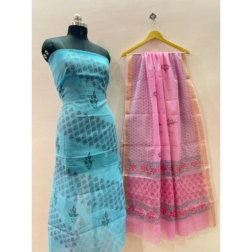 Kota Doria Cotton Unstitched Sky Blue Kurti And Pink Dupatta