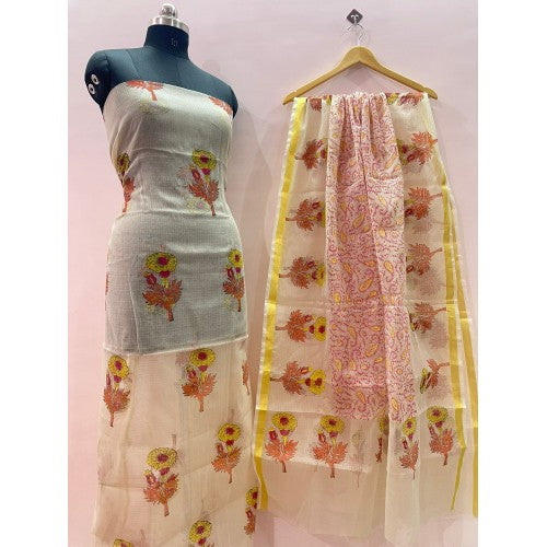 Kota Doria Cotton Unstitched Off-White Kurti And Dupatta