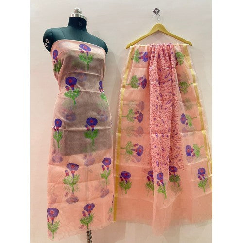 Kota Doria Cotton Unstitched Light Peach Kurti And Dupatta