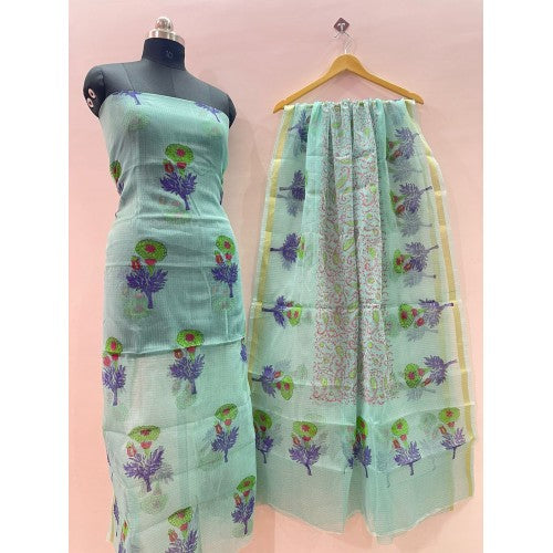 Kota Doria Cotton Unstitched Sea Green Kurti And Dupatta