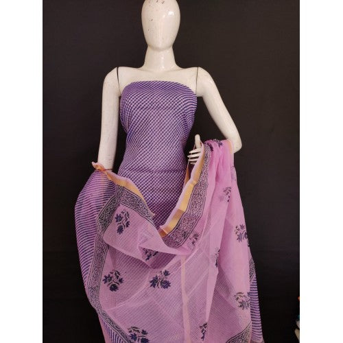 Ethnic Kota Doria Suit Check Block Print With Golden Lace Dupatta