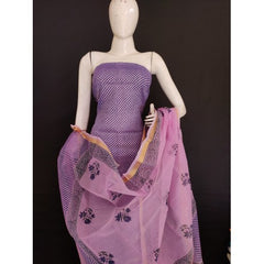 Ethnic Kota Doria Suit Check Block Print With Golden Lace Dupatta
