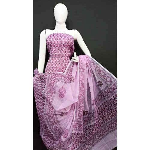 Traditional Booti Block Print Kota Doria Suit With Dupatta For Women