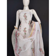 Beautiful Kota Doria Flower Block Print Suit On White Color Base With Dupatta