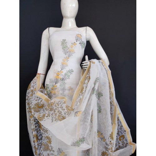 Beautiful Kota Doria Yellow Flower Block Print Suit On White Color Base With Dupatta