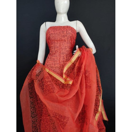 Beautiful Kota Doria Suit Redish Orange With Dupatta