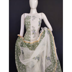 Beautiful Kota Doria Green Dense Flower Block Print Suit With Dupatta