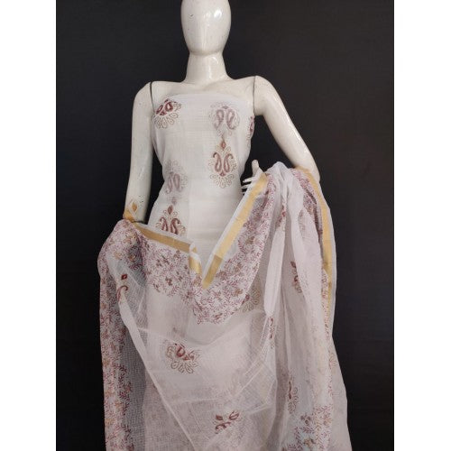 Beautiful Kota Doria Abstract Design Block Print On White Color Suit With Dupatta