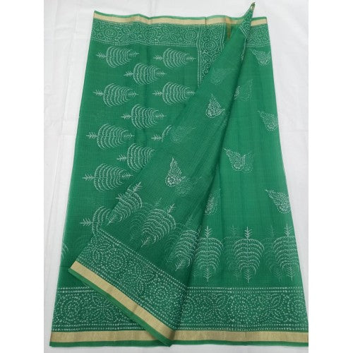Traditional Kota Doria Green Color Saree Silver Block Print For Women