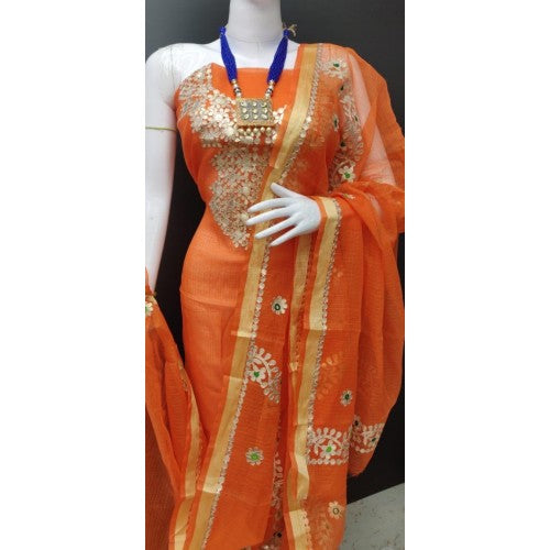 Beautiful Kota Doria Soft Cotton Gota Patti Work Orange Suit Dress Material For Women & Girls