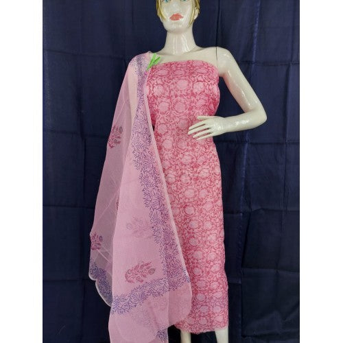 Traditional Handmade Kota Doria Block Print Cotton Dark Pink Colour Dress Material
