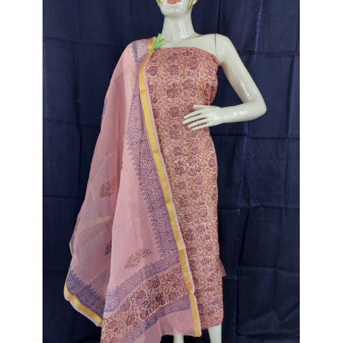 Traditional Handmade Kota Doria Block Print Cotton Dark Peach Colour Dress Material