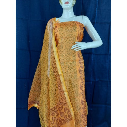 Traditional Handmade Kota Doria Block Print Cotton Yellow Colour Dress Material