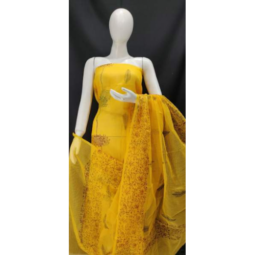 Kota Doria Block Print Cotton Yellow Dress Material For Women By Handloom Weavers