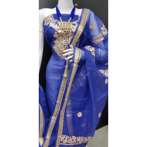 Kota Doria Soft Cotton Gota Patti Work Blue Beautiful Suit Dress Material For Women