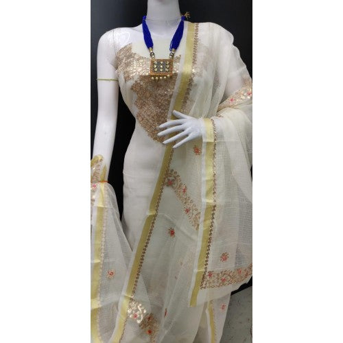 Kota Doria Soft Cotton Gota Patti Work Off White Beautiful Suit Dress Material For Women