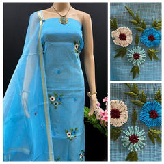 Kota Doria Cotton Handwork Beautiful Turquoise Suit Dress Material For Women