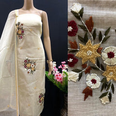 Kota Doria Cotton Beautiful Handwork Light Yellow Suit Dress Material For Women