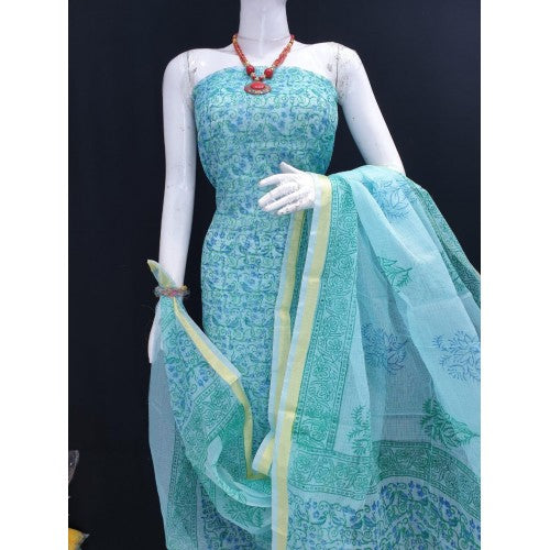 Kota Doria Cotton Beautiful Hand Block Print Sky Blue Suit Dress Material For Women