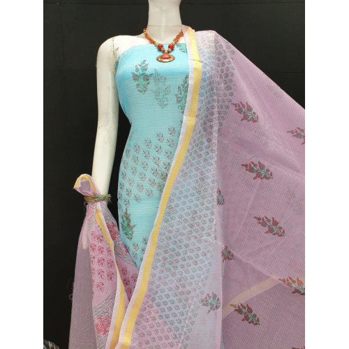 Kota Doria Cotton Beautiful Hand Block Print Sky Blue Suit Dress With Pink Dupatta Material For Wome