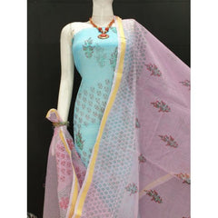 Kota Doria Cotton Beautiful Hand Block Print Sky Blue Suit Dress With Pink Dupatta Material For Wome