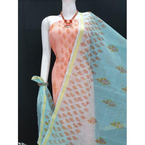 Kota Doria Cotton Beautiful Hand Block Print Orange Suit Dress Material With Sky Blue Dupatta For Wo
