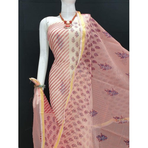 Kota Doria Cotton Beautiful Hand Block Print Peach Suit Dress Material For Women