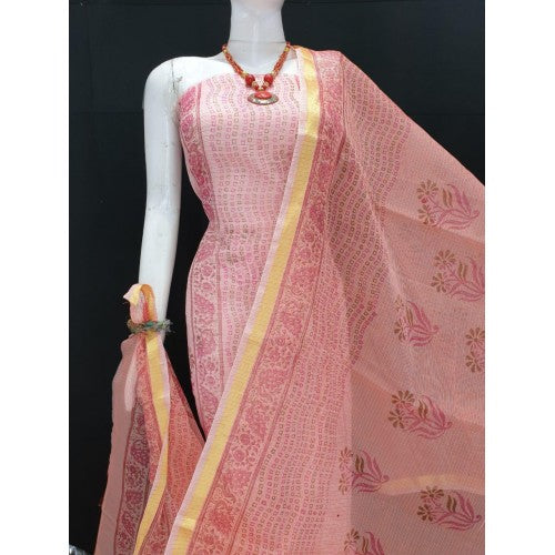 Kota Doria Cotton Beautiful Hand Block Print Peach Suit Dress Material For Women