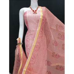 Kota Doria Cotton Beautiful Hand Block Print Peach Suit Dress Material For Women