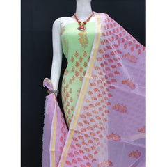 Kota Doria Cotton Beautiful Hand Block Print Green Suit Dress Material With Pink Dupatta For Women