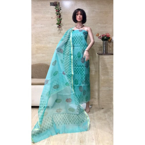 Kota Doria Cotton Beautiful Hand Block Print Turquoise Suit Dress Material For Women
